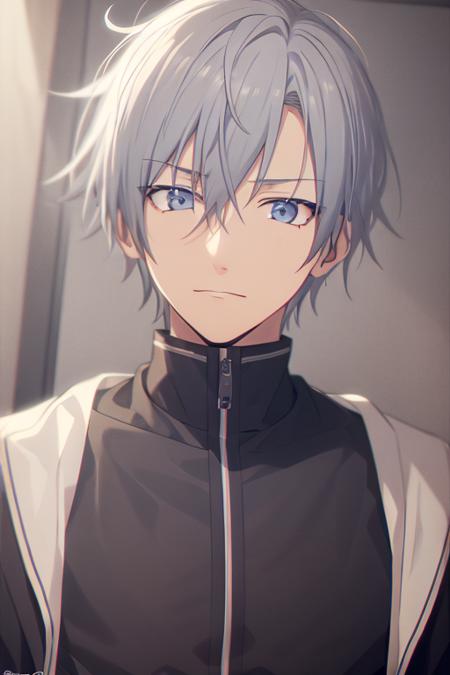 1boy, male focus, blue eyes, grey hair,upper body, <lora:shima920_v2-000011:1>