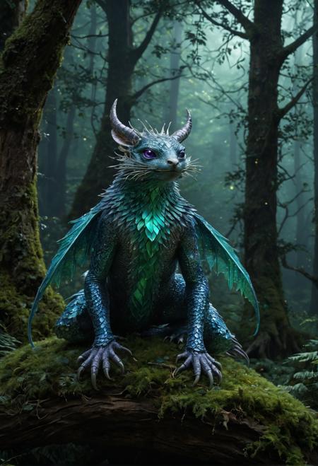 A quadrupedal creature with a serpentine body covered in shimmering silver scales and velvety fur, six long limbs ending in sharp claws, large bat-like ears, piercing green eyes, and delicate horns on its forehead; its torso is adorned with iridescent feathers and gills visible beneath its translucent skin; textures: soft, smooth, and scaly; bright color scheme: emerald green, sapphire blue, amethyst purple; distinctive feature: a crescent moon-shaped mark on its forehead glows softly in low light; behavior: nocturnal, solitary hunter; environment: dense forest; fantasy elements: magical markings, luminescent plants; style: whimsical realism; bright color palette: pastel hues; sun lighting: dappled shade and warm highlights; perspective/composition: medium shot, creature centered; background elements: ancient trees, misty atmosphere; interactive elements: glowing mushrooms.