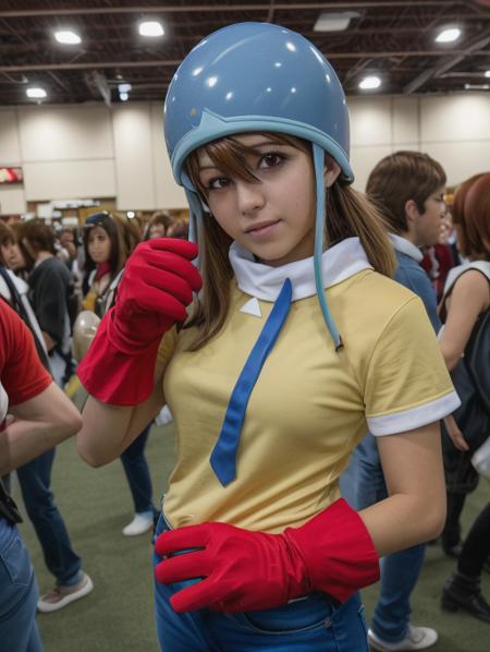 best quality, masterpiece, highres, detailed, perfect anatomy,  <lora:Detail - add_detail:0.2>, SoraDigi,  <lora:SoraDigi:0.8>, blue helmet, brown hair, brown eyes, red gloves, yellow shirt, jeans, cosplay, convention, anime convention, realistic