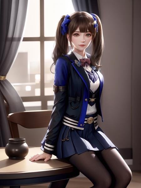 <lora:guanxiaoyu_20230630030052:0.75>,female,pantyhose, arms behind back, cityscape,night,facial mark,sitting,chair,close-up, indoors,table,window,upper body, bowtie, belt, skirt,twintails, hair ornament, jacket,