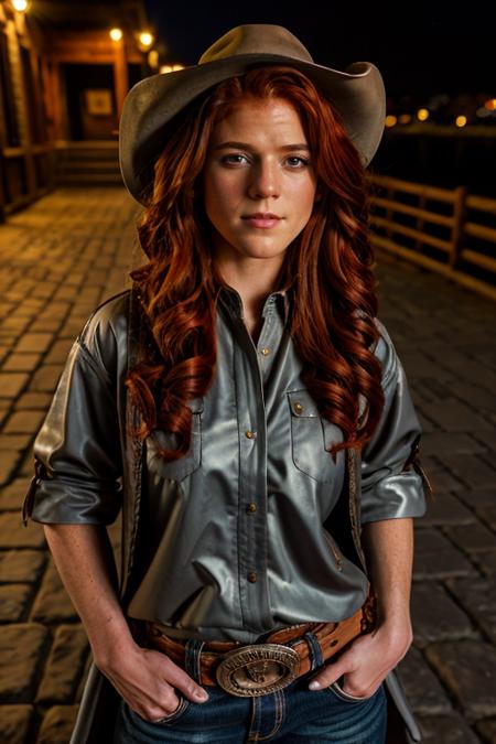 cowboy costume ,  stone walkway , night <lora:Rose_Leslie:1> masterpiece, best quality, detailed face, a mature r1873l, 1girl, solo, red hair,