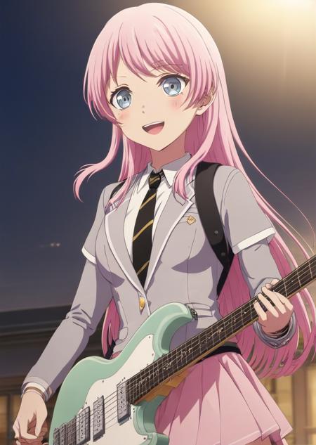 masterpiece, 1girl, :d, bangs, black choker, blue eyes, blush, choker, (cowboy shot:1.3), collared shirt, grey eyes, grey jacket, long hair, miniskirt, necktie, pink hair, school uniform, shirt, skirt, upper body, ugly, animated by kyoto animation, aesthetic pink hair, light blue eyes, high detail, highly detailed eyes, beautiful eyes, looking at the viewer, (adult:1.3), happy, smiling, electric guitar, guitar, holding a guitar, smiling, open mouth, <lora:AnonXL:0.7>