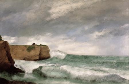 style of Edgar Degas, shore ,swell ,rocks,cliff,storm,