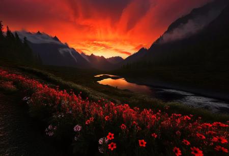 Norway, norwegian nature, norwegian landscape, valley, deep valley, forest, river, sunset, evening, late evening, red sky, red clouds, psychedelic colors, psychedelic, flowers, psychedelic flowers