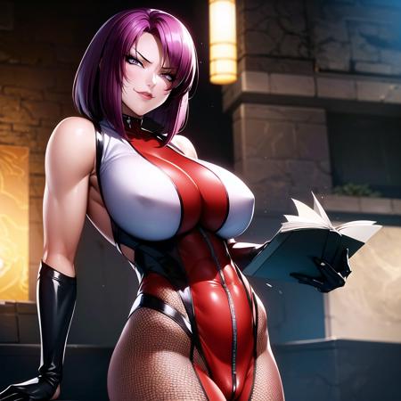 1girl, mature female, full body shot, reading a book, red bodysuit, fishnet, gloves, purple hair, short hair, large breasts, (narrow waist:1.1), cleavage, perfect body, (athletic body:1.1), soft skin, anime face, perfect face, perfect eyes, purple eyes, purple iris, anime eyes, smoky eyeliner, eyeshadow, plump cheeks, asian, plump lips, smirking, smug facial expression, looking at viewer, sharp focus, intricate details, perfect quality, masterpiece painting, professional artwork, cinematic lighting, ultra detailed body, ultra detail hair, ultra detail face, hentai style, trending on pixiv, by Kagami Hirotaka, by Harue Koga, <lora:Oboro_Taimanin_v1:0.8>