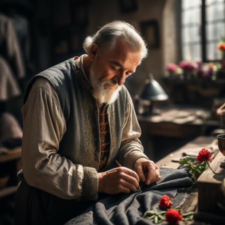 highly detailed analog photo of tailor, 

 1boy, shirt, grey hair, old, old man, pants, solo focus, sunlight, looking down, flower, cup,  depth of field, realistic:1.3, medieval tailor shop


masterpiece, best quality:1.1, 

depth of field:1.1, 
(analog photography:1.2),



