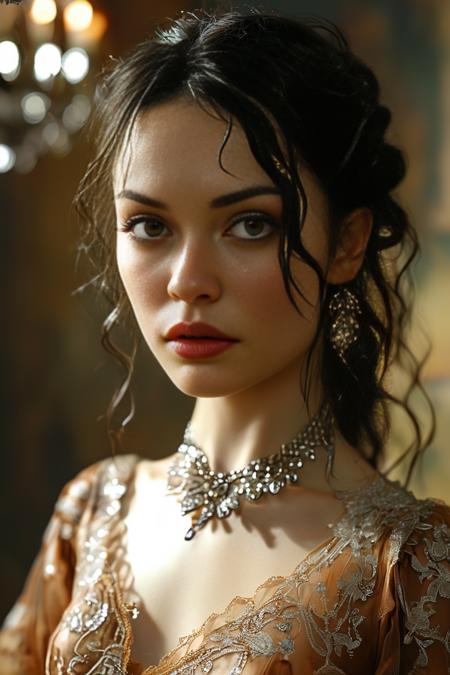 Face and Skin: Morgana has a fair complexion. Her face is characterized by a slightly angular jawline and high cheekbones.
Hair: She sports long, dark brown hair styled in loose waves. Her hair often falls around her shoulders, giving her a dramatic and somewhat mysterious look.
Body: Slender, sleek and elegant.
Eyes: Morgana's eyes are a deep, expressive brown, and they often have a slightly intense or thoughtful expression.
Eyebrows: Her eyebrows are well-defined and slightly arched, which accentuates her eye shape and adds to her overall dramatic appearance.
Clothing: Morgana's attire often consists of stylish and somewhat Gothic or Victorian-inspired clothing. She is typically seen wearing a dark-colored dress, which could include elements like lace or intricate patterns. She favors a look that combines elegance with a touch of edginess.
Accessories: She might wear subtle but stylish accessories that complement her outfit, such as a necklace or earrings.
Overall Style: Morgana has a refined, sophisticated style that leans towards the dramatic. Her look reflects a blend of elegance and mystery, fitting her character's background and personality. 8K <lora:MJ52:1>