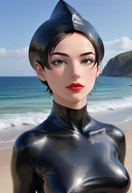 (shnywrld:2.5), score_9, score_8_up, score_7_up, score_6_up, score_5_up, score_4_up, UHD, 8K, masterpiece, detailed, ultra_high_resolution, lots of detail, female face, (latex hat:1.6), colorful large latex summer hat, (scenery:1.4), (seaside:1.6), Fr4nc1n3Sp4g