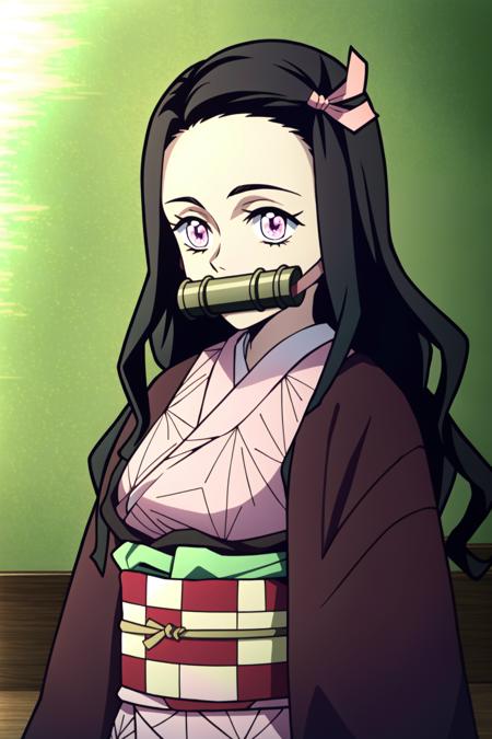 Nezuko Kamado, 1girl, kamado nezuko, breasts, long hair, japanese clothes, black hair, pink eyes, smile, closed mouth, kimono, solo, sharp fingernails, ribbon, medium breast, fingernails, slit pupils, hair ribbon, pink ribbon, looking at viewer, pink kimono, cleavage, retro artstyle