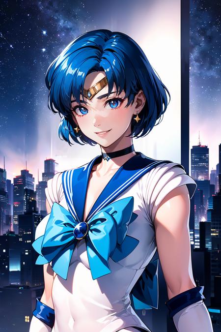 (solo, 1girl), (absurdres, highres, official wallpaper, poster), (masterpiece, best quality:1.2), (illustration, realistic), (perfect details, highest detailed, extreme detailed), dramatic light, <lora:AmiMizuno:0.9>, AmiMizuno, (sailor mercury, neck ribbon, blue hair, short hair, circlet, jewelry, crescent earrings), (city, starry sky), (seductive smile, blush, standing)