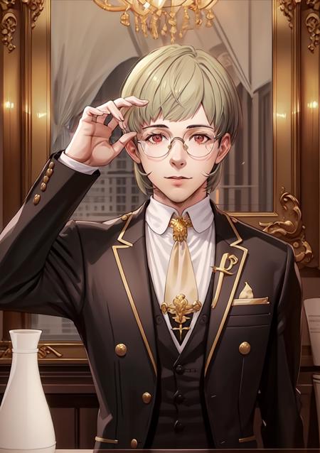 detailed background, indoors, formal, luxurious decorations, gold trim, 1boy, looking at viewer, upper body, <lora:IgnatzVictor-bsinky-v1:0.7> defIgnatz, glasses, formal, suit, jacket,(necktie:1.1), dress shirt, cufflinks, adjusting glasses