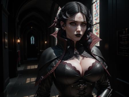 masterpiece, hyperrealistic, highly detailed 3d render of (Goth woman [Vampire|Assassin] from the 1800s, with short black hair), red eyes, (perfect face), [dark goth makeup], (pale skin:1.2), tattoos, athletic body, large breasts, wearing black and red  tight-fitting leather corset, [bold|bright] colors, (highly detailed, intricately detailed), RTX, unreal engine, award-winning, 
background of [Victorian|fantasy] London, hiding in the shadows, cinematic lighting, HDR, hires, Photographed on a Fujifilm GFX 100S, 50mm F/4 lens, sharp focus, absurdres, fine details, film-like, grimdark, evil, dynamic pose,  (full body:0.9), breast worship