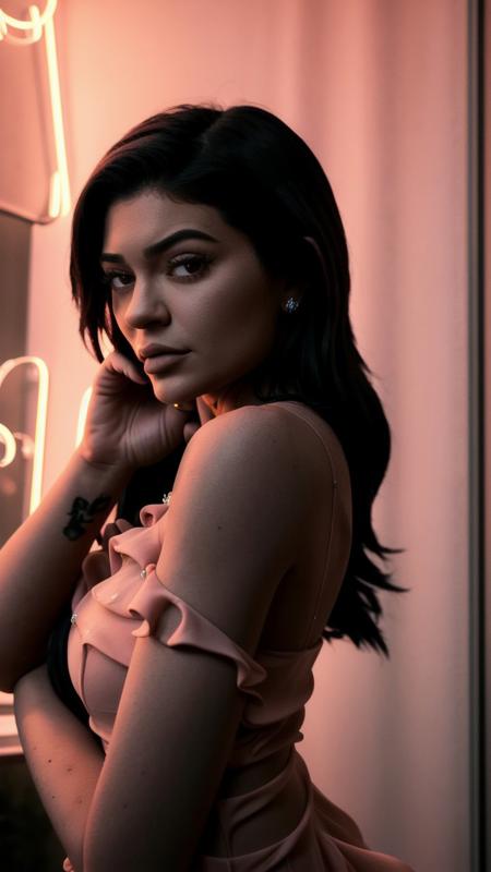 <lyco:Kylie Jenner_v1.0:1> Kylie Jenner, closeup portrait, posing in front of a window at night, wearing a dress, sharp, bokeh, action shot, realistic, film grain, neons <lyco:neons_v2.0:1.0>