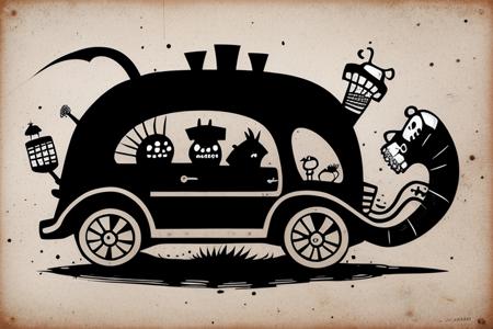 car, art by skelewags, black and white, 2d, graffiti