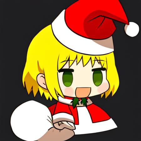 <lora:padoru-v1-000006:0.7>, :D. santa hat, chibi, padoru, blonde hair, green eyes