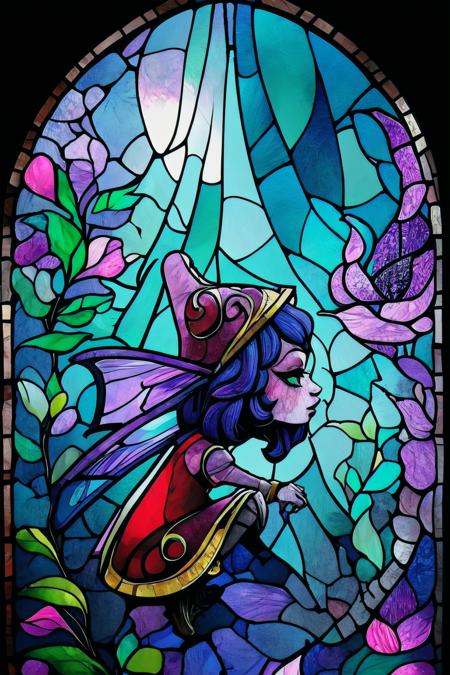 Highly detailed, High Quality, Masterpiece, beautiful,  <lora:Lulu-07:1>, Lulu, yordle, pixie,   <lora:Stained_Glass_Story:1>, stained_glass, transparent, backlight