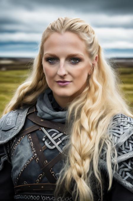 Professional photograph of mndngwmn, close up, portrait, she has long blonde hair, messy hair to the sides of her head, she's standing in a nordic village, ancient times, norse viking times, smirk, wearing chainmail, eyeliner, black eyeliner, wearing ancient nordic outfit, grinning. cloudy sky, storm in the background, photorealistic, 4k, 8k, masterpiece, by bokeh, absurdres, highest quality <lora:mondongo_LoRA_GeorgiaHirst:0.8>