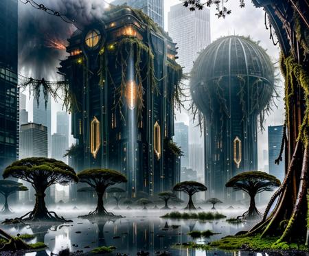 "An abandoned futuristic city slowly reclaimed by nature, colossal sci-fi skyscrapers crumbling under the weight of massive, twisted vines and glowing bioluminescent plants. Cracked metallic structures covered in moss, shattered glass towers overtaken by enormous tree roots, alien flora blossoming through rusted machinery. Mist floats between the ruins, casting ethereal light beams through broken ceilings. Hyper-realistic textures: oxidized metal, damp stone, glistening foliage, reflective water puddles. Wide-angle cinematic view, deep atmospheric perspective, extreme detail, hyperrealism, hauntingly beautiful mood."