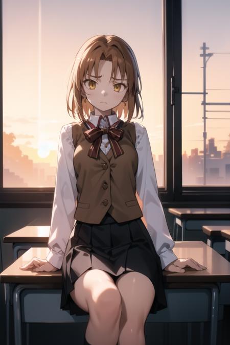 <lora:mitsuzuri-000016:1> mitsuzuri, homurahara academy school uniform, vest, brown vest, black skirt,
1girl, sitting, classroom, sunset, worried