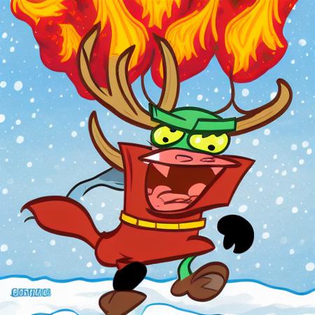 The face is hideous,Angry Reindeer Comic Style run on the snow, Merry Christmas titles,The reindeer caught fire, Art Baltazar,Master Works, American Comics, Clear Lines, Cartoon Art, Vivid Colors,8K,The logic is clear<lora:Art Baltazar:0.8>