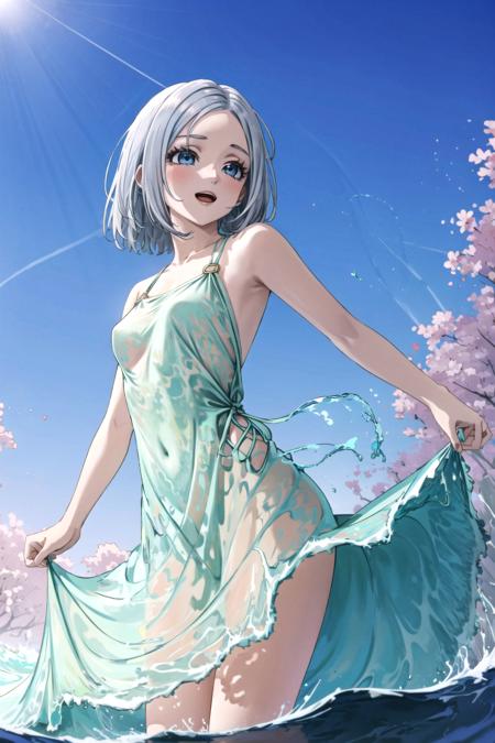 DQ10 illutia, short hair, grey hair, blue eyes, <lora:DQ10_illutia_ep20:0.6>, BREAK (small breasts), (liquid clothes:1.6), (water:1.5), <lora:LiquidClothesV2:1.2>, Water dresses, transparent dresses, sexy dresses, nsfw, beautiful, masterpiece, 8K resolution, extremely detailed face, 1girl, Beautiful girl, adult girl, 20 years old, eye highlights, cowboy shot, (from below), looking at viewer, smile, open mouth, blush, BREAK windy, wind lift, floating hair, BREAK anime background, outdoors, a lake, daytime, bright sky, a flower garden, a distant forest, a distant castle, a distant mountain, gentle sunlight, blue sky, clouds, water spray, <lora:clear light_v1:1>, <lora:flat2-dim1:-0.5>