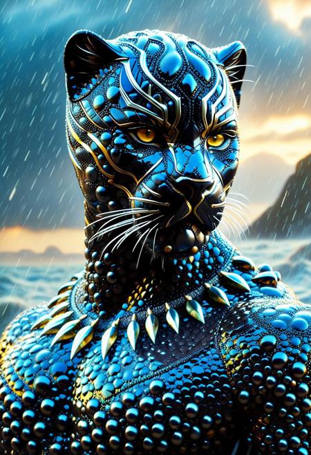 8k, score_9, score_8_up, score_7_up,
masterpiece,realistic,ultra detailed, vibrant colors,photo-realistic,
A black panther made of countless black pearls, in the middle of a storm,