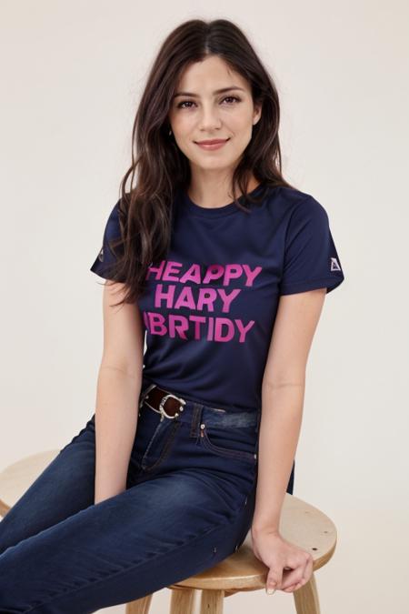 wearing a  Cerise tshirt, jeans,  birthday party  <lora:Monica1873Bar:1> a woman, m1873b, solo,