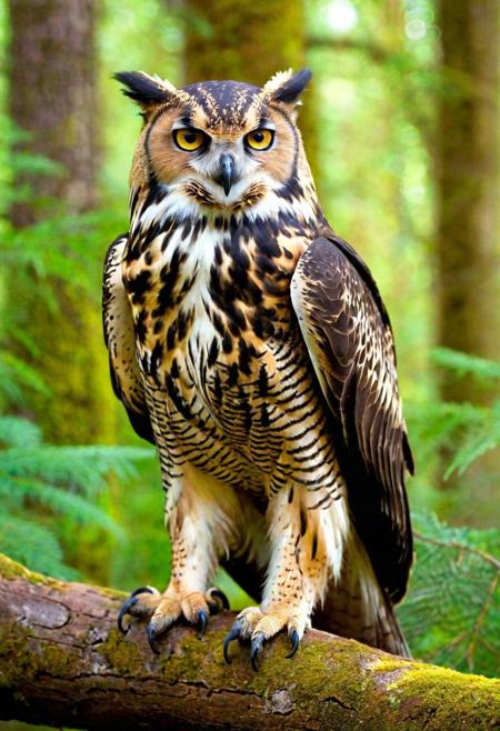 Create an ultra-realistic image of a hypothetical creature, a blend of various animal traits to form a unique, imaginative being. This creature should have a detailed and lifelike appearance, showcasing a combination of features such as the majestic wings of an eagle, the sleek body of a panther, and the wise eyes of an owl. Its skin or fur should have a rich texture, reflecting a natural environment, perhaps with patterns or colors that suggest camouflage or display. The creature's pose and expression should convey its character, whether it's cunning, noble, or mystical. The setting should complement the creature, perhaps a lush, fantastical forest or a rugged, unexplored wilderness. The focus should be on the intricate details of the creature's anatomy and the interplay of its combined traits, creating a believable yet fantastical entity