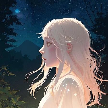 gradient flat color, wild nature child girl , deep shadows, glowing stars, night moon, translucent lighting, white wolf spirits, Studio Ghibli