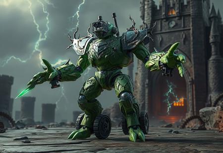 The image showcases a highly detailed, full-body 3D model of a Evil HERO Lightning Golem,Castle of Chaos backdrop. The Evil HERO Lightning Golem a green color palette and elaborate details elements, giving it a distinctive look. Its body is covered with a textured material, adding depth and intricacy to its form. The Evil HERO Lightning Golem's arms and legs are outstretched, each equipped with a Adamantine Sword Revival and wheels, suggesting preparedness and agility. The head features a camera, implying potential for navigation or surveillance. This captivating image showcases exceptional 4K quality, vivid colors, impeccable composition, and harmonious contrasts, making it