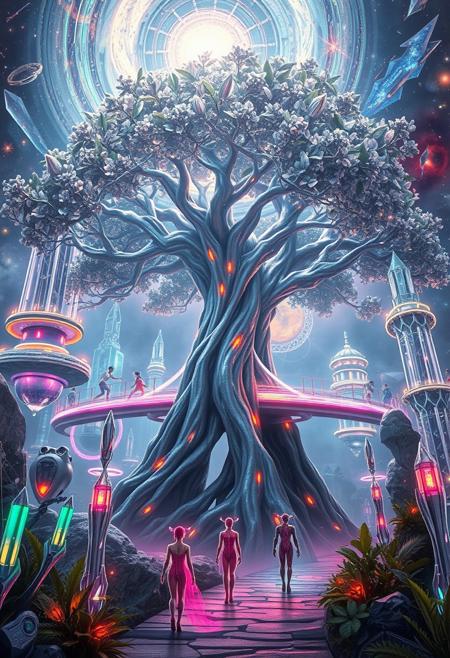 A mystical, ethereal realm where nature and technology intertwine, creating a harmonious fusion of organic life and futuristic architecture. The central focus is a colossal tree, its bark made of shimmering silver, and its leaves glowing like neon fractals. The tree’s roots stretch deep into the earth, intertwining with glowing, bioluminescent cables that pulse with energy. Surrounding the tree is a city made of crystalline structures, some floating and others anchored in the ground, with sleek, metallic bridges connecting them. The streets are lined with plants that have neon veins, and the sky above is a swirling vortex of stars, galaxies, and vibrant nebulae. Ethereal beings, resembling humans but with translucent skin and glowing eyes, walk through the city, interacting with advanced, sentient machines that look like organic creatures. The scene should evoke a sense of peaceful coexistence between technology and nature, blending science fiction with spiritual energy. The lighting is soft yet vibrant, with iridescent hues casting long, flowing shadows.