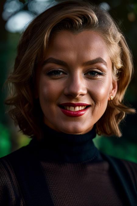 Realistic photo of a beautiful m4ryl1n-v2 woman, 1girl, solo, looking at viewer, smile, short hair, blue eyes, blonde hair, upper body, mole, lips, makeup, lipstick, turtle neck black sweater, realistic, red lips, soft lighting, professional Photography, Photorealistic, detailed, RAW, analog, sharp focus, 8k, HD, DSLR, high quality, Fujifilm XT3, film grain, award winning, masterpiece<lora:m4ryl1n-v2:1.0>