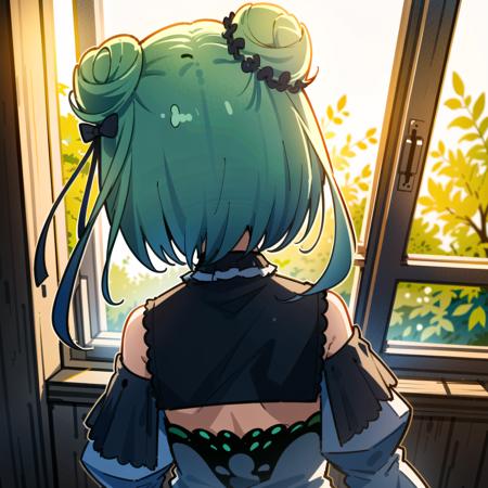 <lora:testbluerushia:1>,  bluerushia, green hair, double bun, short hair, blue bow, hair ornament, 
 blue sky, indoors, cloudy sky, sunset, window,