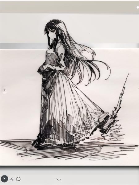 <lora:pensketch_lora_v2.3:1> penSketch_style, ink sketch, 1girl, solo, full body, long hair, long skirt, branch