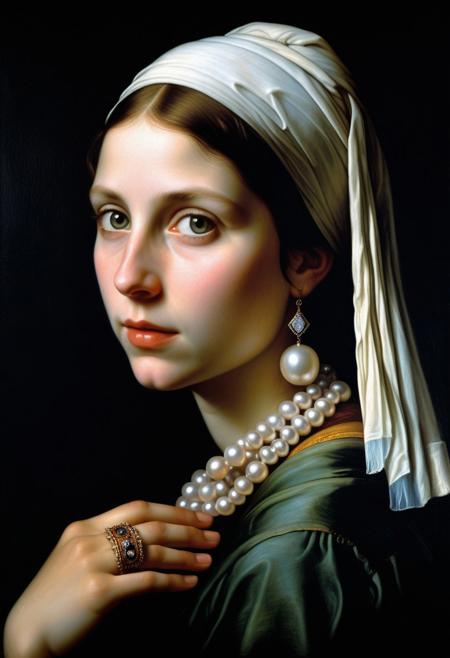 Long lost Leonardo da Vinci painting of a girl with a large pearl ring, dark black background, dramatic light, profie portrait, slight smile, enigmatic, head covered with scarf