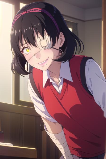 midariikishima, <lora:midari ikishima s2-lora-nochekaiser:1>,
midari ikishima, short hair, black hair, hairband, mole, (eyepatch:1.5), mole under mouth, smile, (yellow eyes:1.2), grin,
BREAK skirt, shirt, school uniform, pleated skirt, bandages, wristband, sweater vest, (red sweater vest:1.3),
BREAK indoors, classroom,
BREAK looking at viewer, (cowboy shot:1.5),
BREAK <lyco:GoodHands-beta2:1>, (masterpiece:1.2), best quality, high resolution, unity 8k wallpaper, (illustration:0.8), (beautiful detailed eyes:1.6), extremely detailed face, perfect lighting, extremely detailed CG, (perfect hands, perfect anatomy),