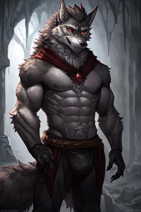 dark fantasy art, uploaded on e621, anthro, nsfw, furry, explicit, explict, (by mrsafetylion, mrjimmydafloof, h0rs3, ruaidri, spelunker sal), ((werewolf)), high res, ((detailed realistic image)), (detailed eyes, expressive eyes:1.2), impasto impressionism, insane details, soft, cinematic lighting, (hyper realistic fur:1.3), (detailed fur:1.2), pupils, (full body view), (fur covered body), (male),  (athletic:1.5), (werewolf face), (werewolf features), (expressive face, detailed face), (anime hair:1.4), (realistic quality:1.3), photographic quality, <hypernet:furry_2:1>, (posing), full color, (3d:1.3), (graying hair:1.3), kemono, (highly detailed:1.3), red eyes, (evil grin), overdramatic villain, (bulge:1.2), (evil lair background), magic, sorcerer, chaos, corruption, (villain outfit), (tattered cape), villain, muscle, muscular,