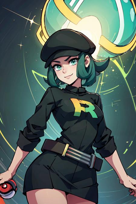 zzRocketGrunt, green eyes, green hair, short hair,   zzRocketGrunt, green eyes, green hair, short hair, black hat, black shirt, black skirt, grey belt, 