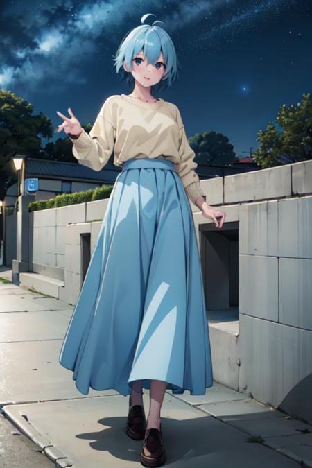 masterpiece, best quality, night sky,1girl,out door,
 <lora:VivyV3:0.6>, vivy, long skirt, blue skirt,ahoge,Yellow Summer Sweater,