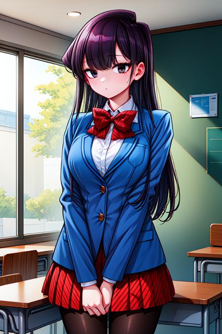 1girl, cowboy shot, standing, classroom, 
komi_shouko, black eyes, black hair, long hair, bangs, bowtie, school uniform, blue jacket, blazer, white shirt, striped, red skirt, black pantyhose, <lora:komi_shouko_lora_ver2:0.7>, best quality, masterpiece, highres, <lora:GoodHands-vanilla:1>