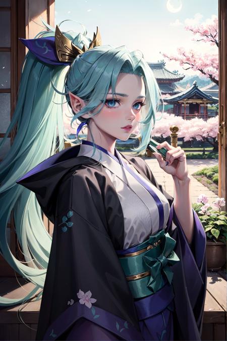 spirit blossom vayne, 1girl, kimono, hair ornament, blue hair, detailed face, looking at viewer, upper body, forest, moon light, night, indoor, window, temple, garden, cherry blossoms, (masterpiece:1.2, best quality)