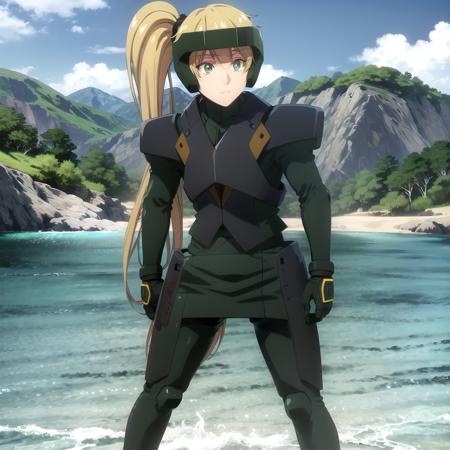 <lora:kirei_shinobi_v1b(outall-sv20-finetuning):1> ocean, beach, mountain, day, blue sky, cloud
BREAK
kirei_olis, 1girl, solo, long hair, blonde hair, side ponytail, green eyes, helmet, bodysuit, looking at viewer, expressionless