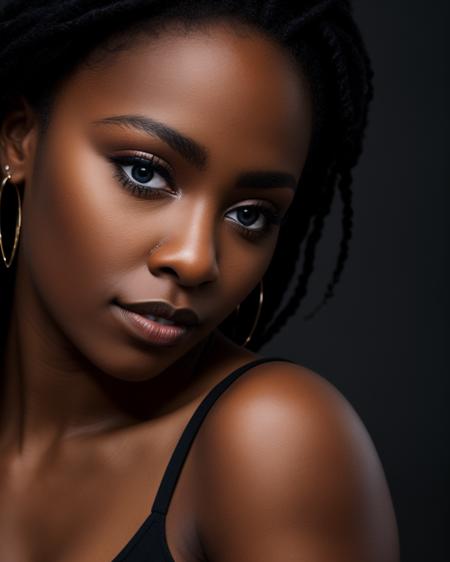 (8k, RAW photo, highest quality), beautiful (black skin woman)++, close up, dress, (detailed eyes:0.8), (looking at the camera:1.4), (highest quality), (best shadow), , intricate details, interior, dark studio, muted colors, <lora:Elixir:1>