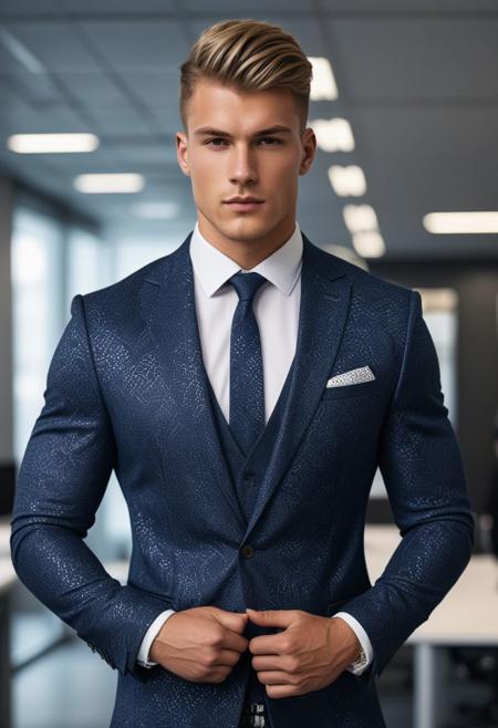 a strong 22-year-old german hunk bodybuilder male, with a fringe up undercut hairstyle, detailed face, mindless expression,  wearing a dark-blue suit with silver patterns, wearing pants,  on a modern office, standing at attention pose, looking at viewer, portrait, photography, detailed skin, realistic, photo-realistic, 8k, highly detailed, full length frame, High detail RAW color art, diffused soft lighting, shallow depth of field, sharp focus, hyperrealism, cinematic lighting
