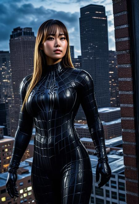 score_9, score_8_up, score_7_up, best quality, realistic, masterpiece, beautiful detail, hyperrealistic, night sky, ((1girl, woman body, big breasts)), amazing detailed full body portrait of a beautiful japanese girl, wearing a realistic and highly detailed black raimi spider-man suit, ((huge muscular girl)), professional model wears ultra - detailed black raimi spider - man suit, ultra - detailed and grained black raimi spiderman suit, suit covered entire body and hand, black spiderman gloves, wet, (standing on top of building), (full body), (dirty skin), close up, octane render, highly detailed, volumetric, dramatic lighting, (highest quality:1.1), (HDR:1.3), (top quality, best quality), realistic, high definition,