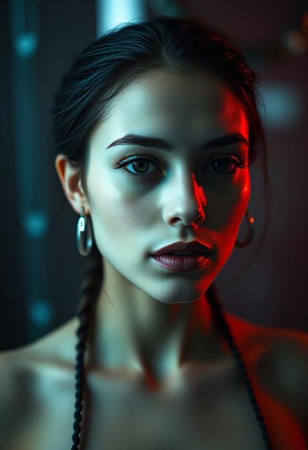 Yuri Shwedoff: A woman (cyborg:1.35) with (dark black void contact lens:1.5), created by Tony Conrad. The setting is Biopunk, featuring a shallow depth of field, vignette, (Fiber optic light painting), (Fujicolor Superia X-TRA 400:), (Light tracing), and (Dramatic lighting).