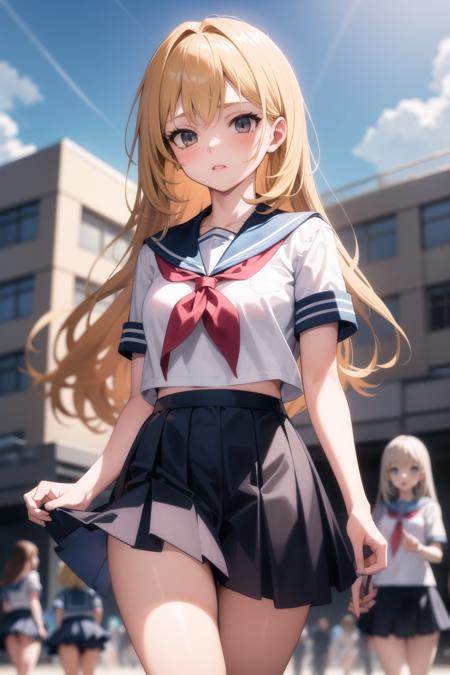 <lora:school_outdoors_v0.2:1> 
multiple girls, school, school uniform, blue sailor collar, blue skirt, red neckerchief, sky, building, blonde hair,, masterpiece, best quality, highly detailed