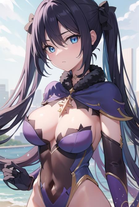 monamegistus, <lora:monatest:1>, mona, blue eyes, hair between eyes, twintails, very long hair, purple hair,
BREAK black bodysuit, black gloves, blue sleeves, bodysuit, capelet, covered navel, detached sleeves, gloves, high heels, leotard, long hair, long sleeves, multicolored sleeves, purple capelet, purple sleeves, strapless, strapless leotard,
BREAK outdoors, city,
BREAK looking at viewer,
BREAK <lora:GoodHands-vanilla:1>, (masterpiece:1.2), best quality, high resolution, unity 8k wallpaper, (illustration:0.8), (beautiful detailed eyes:1.6), extremely detailed face, perfect lighting, extremely detailed CG, (perfect hands, perfect anatomy),