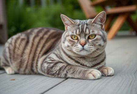 a close-up photograph of a Scottish Fold cat lying on a wooden surface, the cat is a medium-sized breed with a soft, silky coat of grey fur, characterized by vertical, horizontal stripes of varying shades of grey, its eyes are bright yellow, with a serious, happy expression, and its nose is slightly upturned, giving it a sultry appearance, its ears are small and pointed, and it has a small, pinkish-brown patch on its forehead, the background is blurred, but it appears to be an outdoor setting with greenery and a hint of a wooden structure, possibly a bench or a table, in the distance, the wooden surface is weathered and has a light gray color, with visible grain patterns, the overall mood of calm and serene, with the cat positioned slightly off-center, making it the focal point of the image, the lighting is soft and natural, enhancing the texture of the wood and the cat's fur, a close-up portrait of a cat, captured in a relaxed pose on a wooden deck. The cat's fur is a mix of gray and white stripes, with its eyes being a striking shade of amber. The background is blurred, emphasizing the cat as the main subject, and the deck appears to be made of dark wooden planks. The overall style of the image is candid and natural, capturing the essence of the cat in its environment, credit to lo_fi, (grumpy:-1.5)