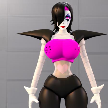 An 3d render of a TVClown wearing Mettaton makeup pointing at the camera, black hair, anime style, huge breasts, wide hips, zoomed into face